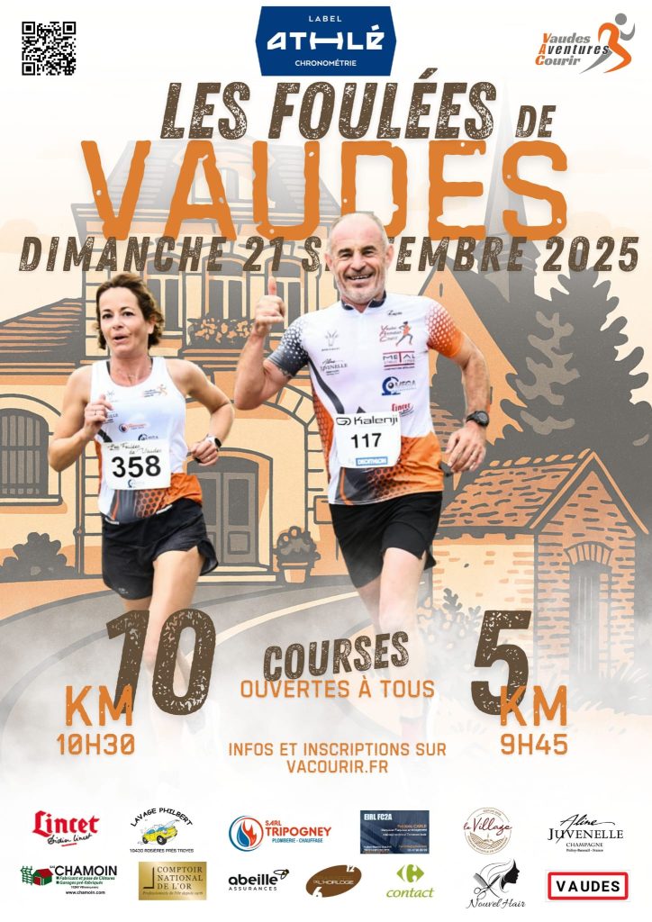 Affiche décrivant la course des foulées de Vaudes avec les horaires de départ des différentes courses et le lieu de l’événement.